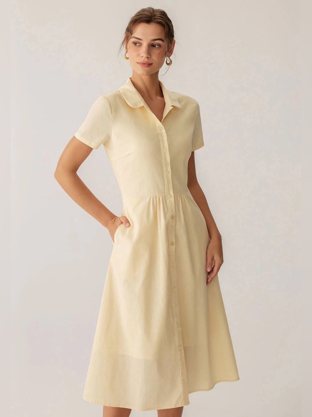 NWTS Short-Sleeve Collared Button-Front Midi Dress in Pale Yellow WOMENS LARGE